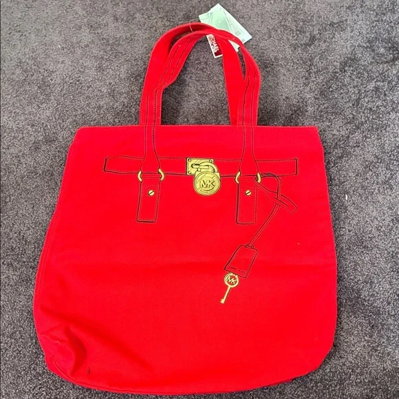 Michael Kors Vibrant Red Canvas Tote w Gold Accents NWT Hamilton Trompe Loeil - Picture 1 of 3